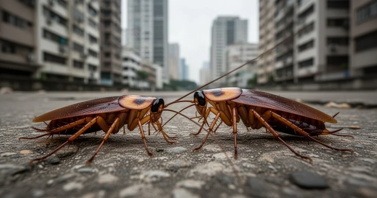 Cerca urbana con cucarachas visibles entre edificios